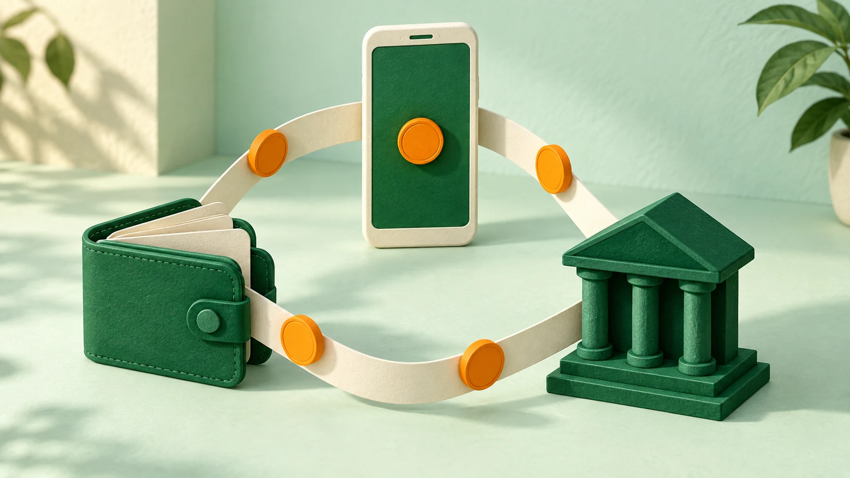 Cash, mobile money, and a bank connected by transfers