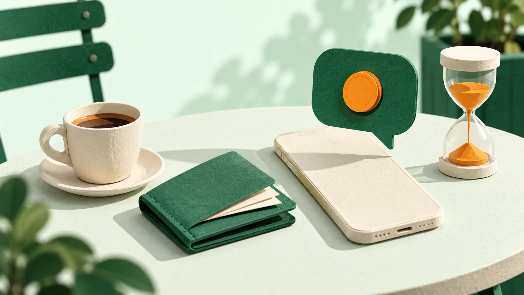 A cash wallet, phone, and sand timer beside a coffee cup