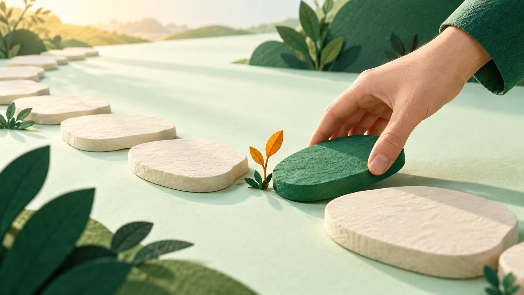 A hand placing a new stone on a continuing path
