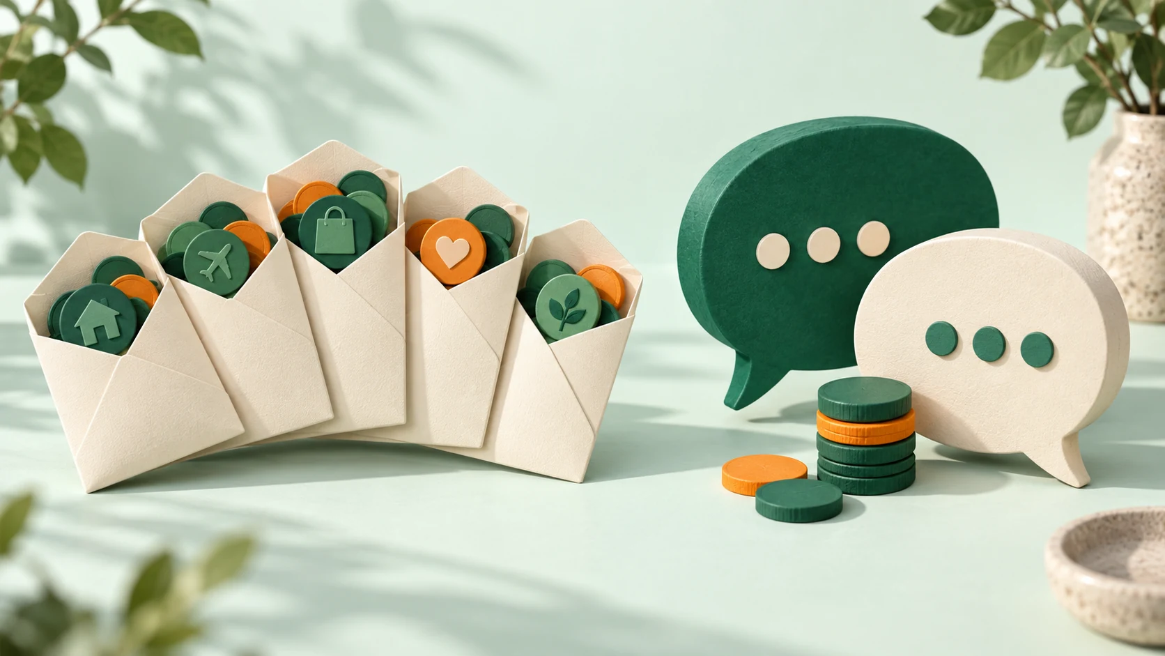 Envelopes and conversation bubbles show two ways to manage money
