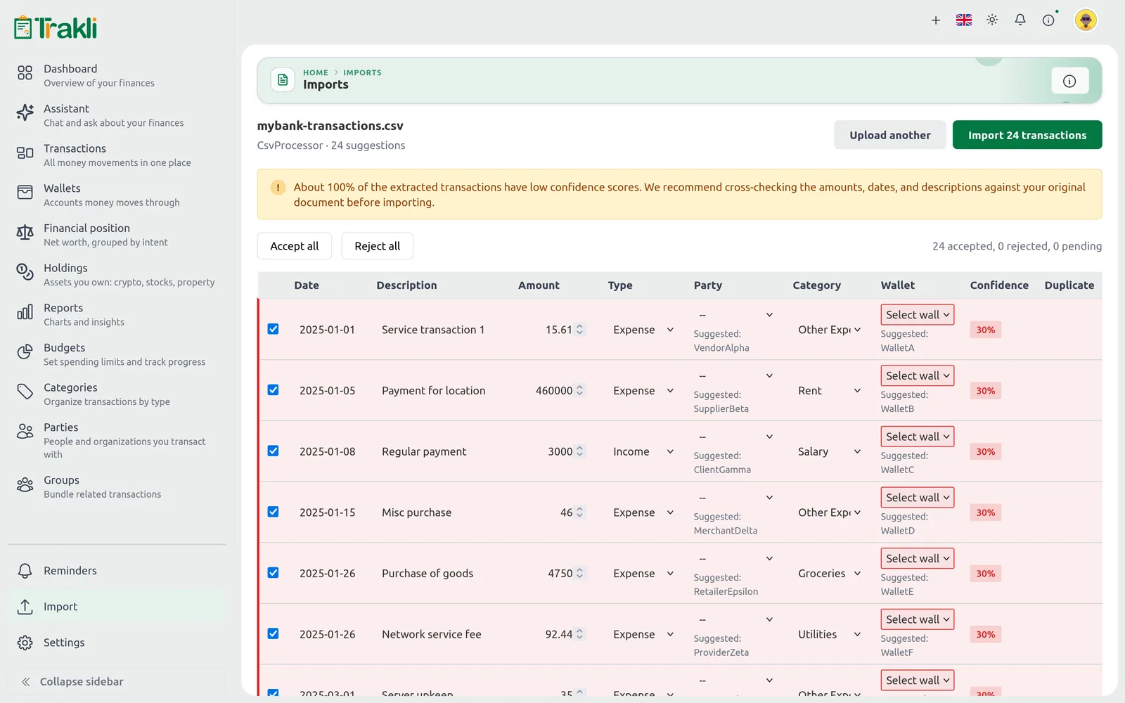 The import review screen listing extracted transactions with confidence scores and suggested categories before import