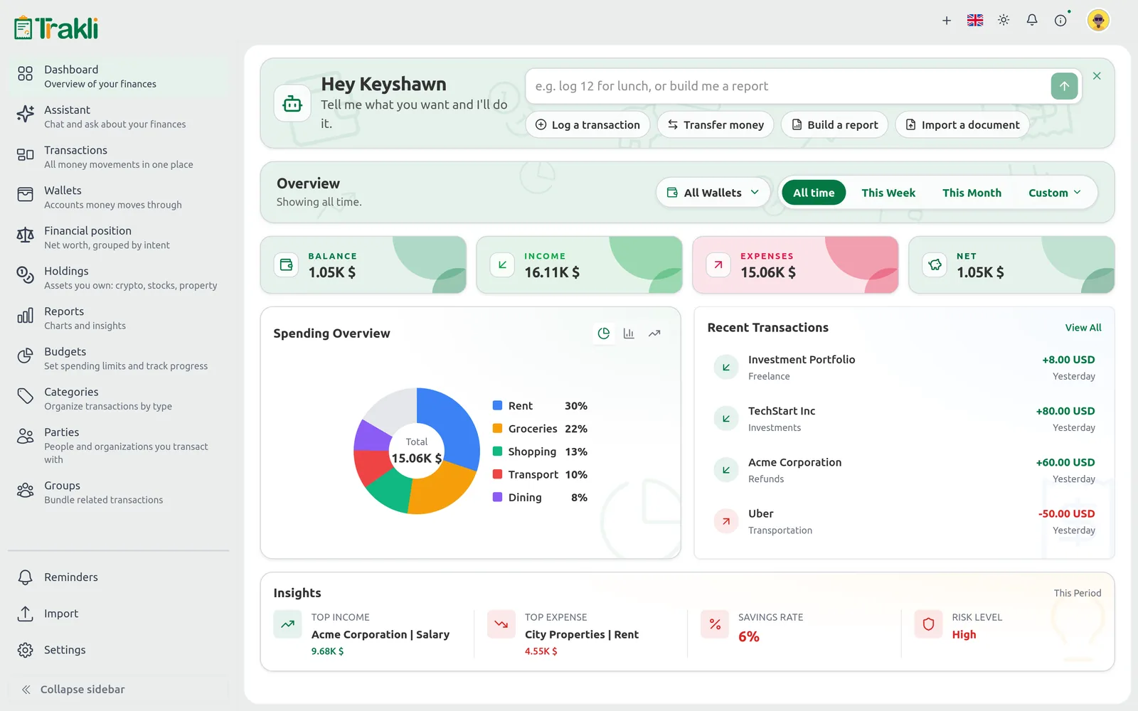 The Trakli Ailanthus dashboard showing balances, a spending breakdown, and recent transactions