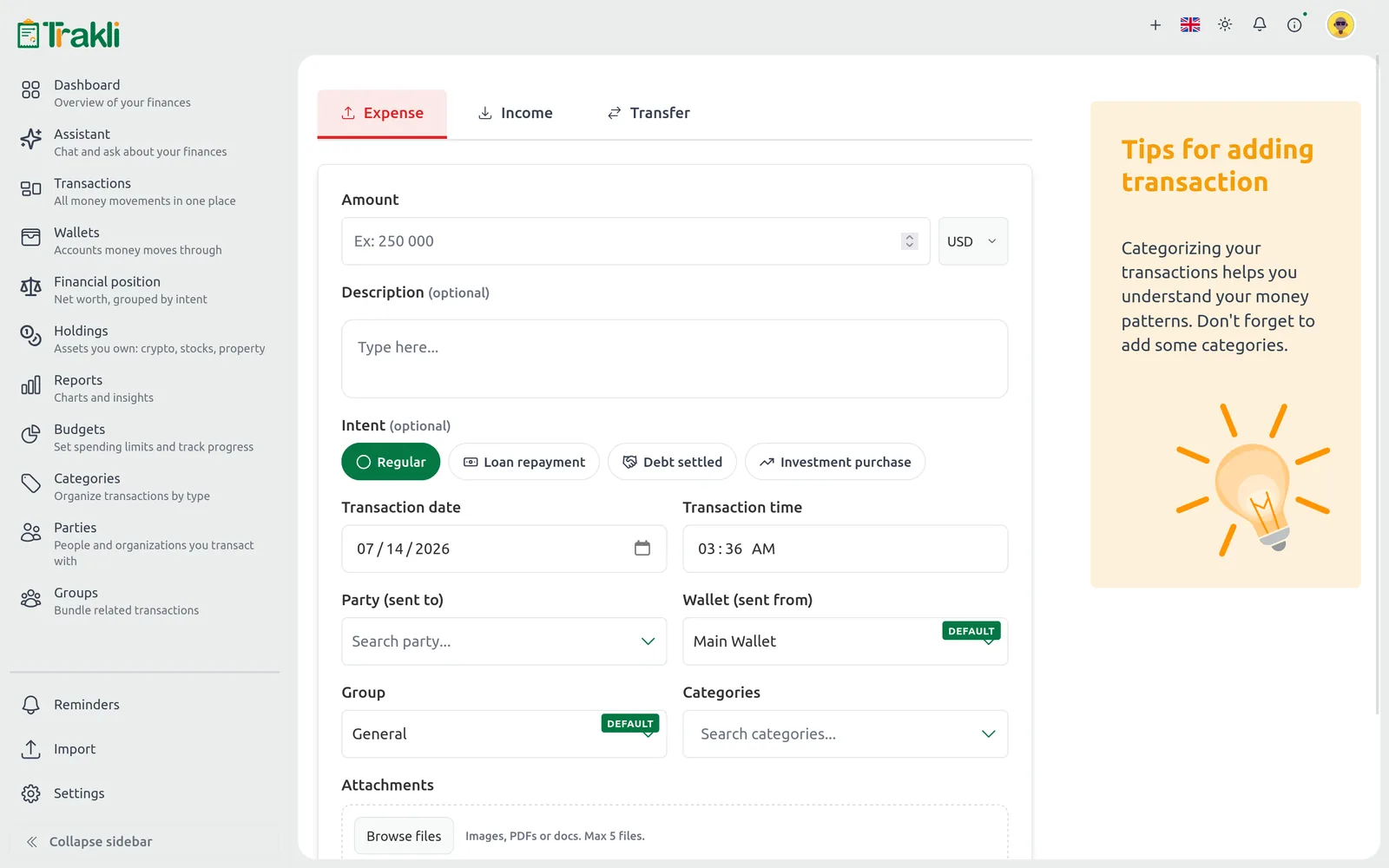 The add-transaction form with an Intent field offering Regular, Loan repayment, Debt settled, and Investment purchase
